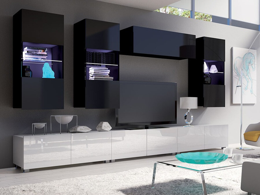 Wohnzimmer-Sets Tivdalu 121 (Weiss + Weiss glänzend + Schwarz + Schwarz glänzend)