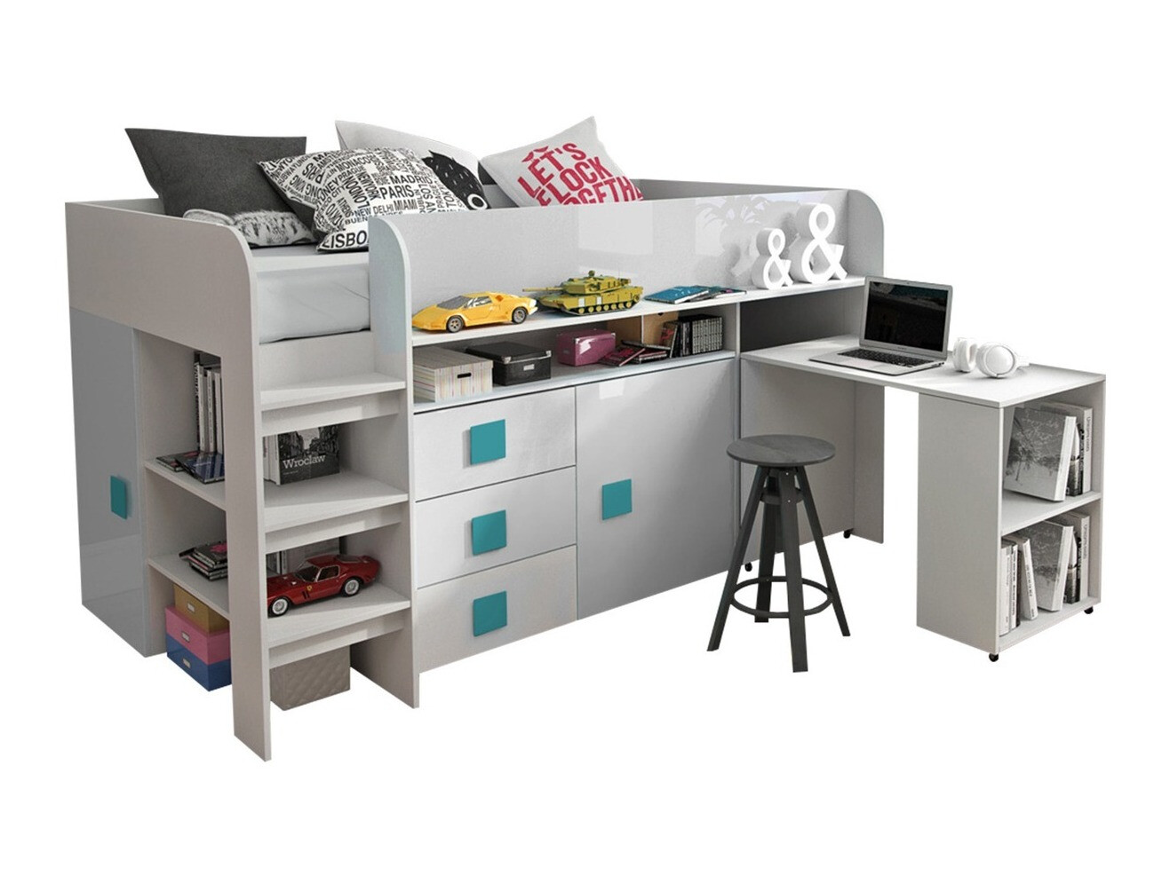 Bett Hartford 190 (Weiss + Weiss glänzend + glänzend Türkis)