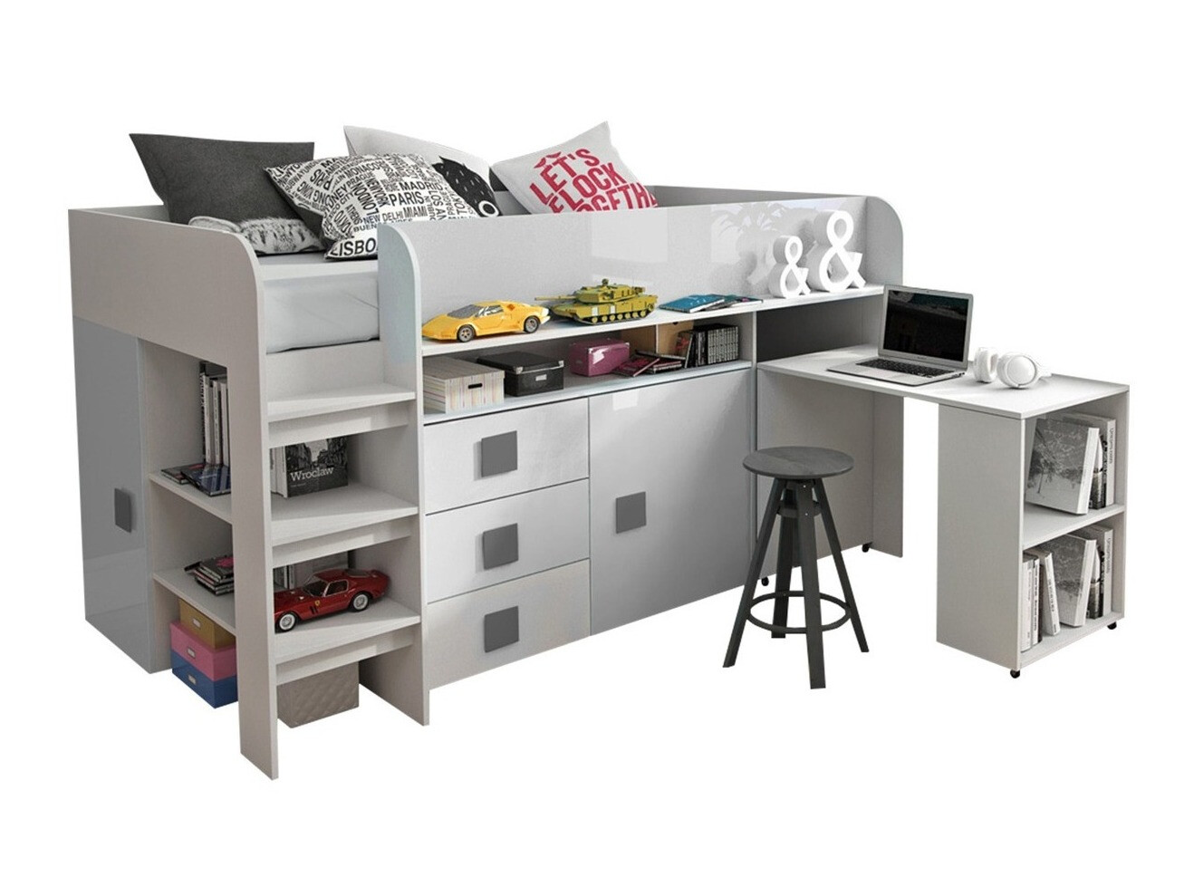 Bett Hartford 190 (Weiss + Weiss glänzend + Glanzgrau)