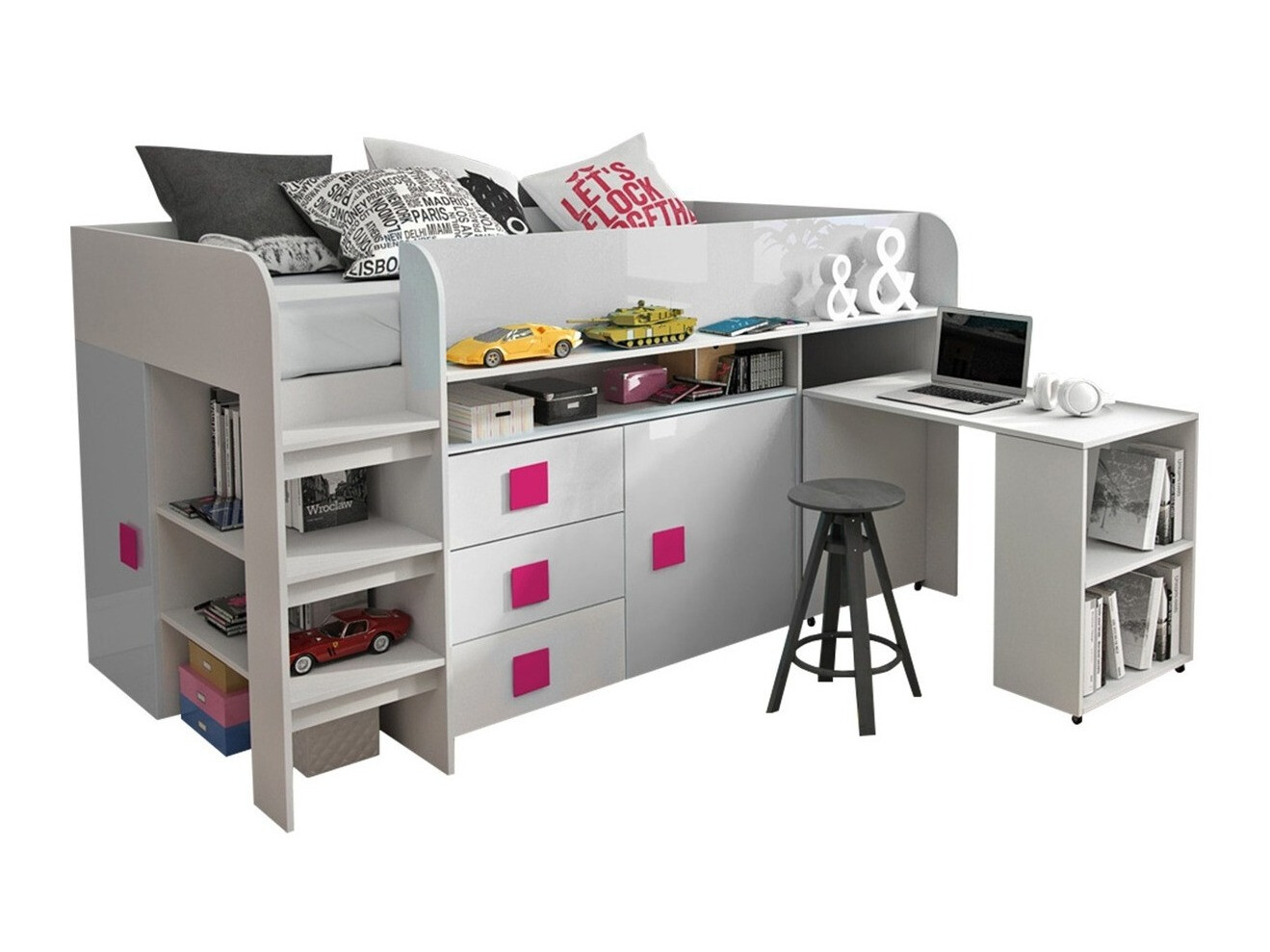 Bett Hartford 190 (Weiss + Weiss glänzend + Rosa glänzend)
