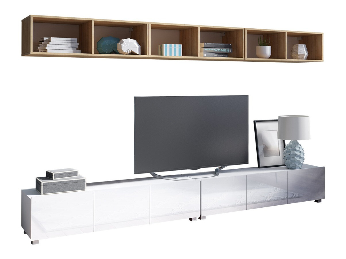 Wohnzimmer-Sets Remus XXXIII (Weiss + Weiss glänzend + Goldene Eichenholzoptik)