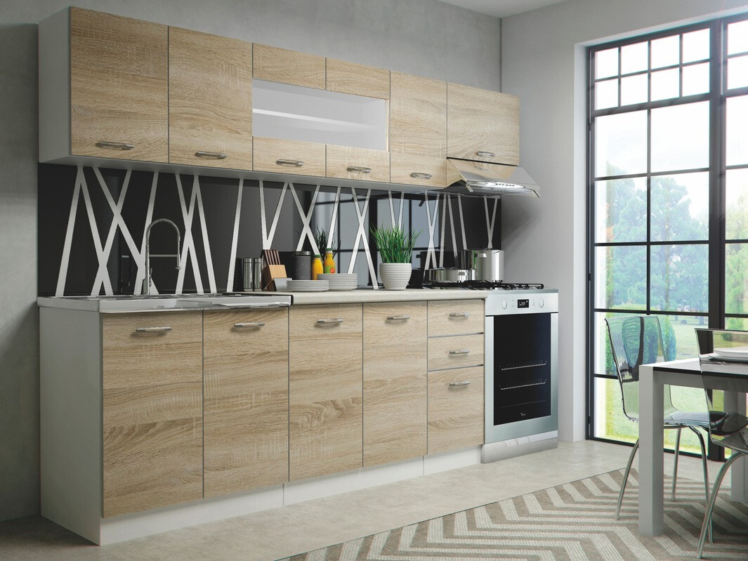 Küchenzeile Houston 1182 (Sanichtma eichenholzoptik + Weiss + Beige)