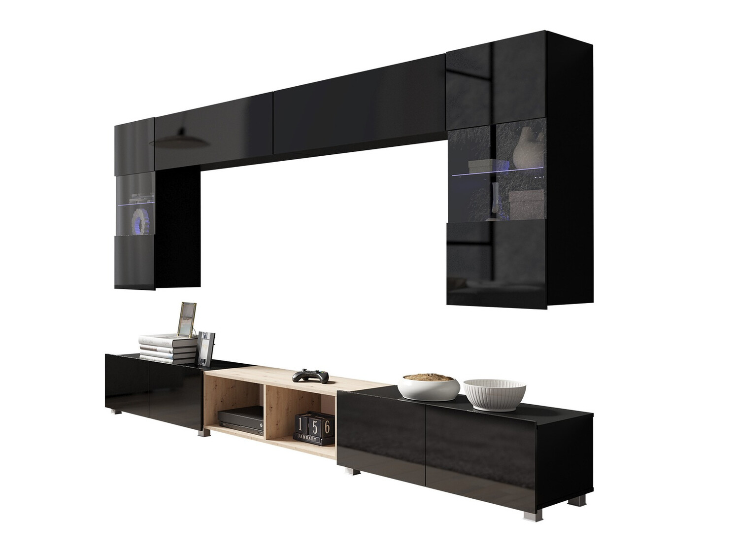 Wohnzimmer-Sets Remus XXIV (Schwarz + Schwarz glänzend + Artisan Eichenholzoptik)