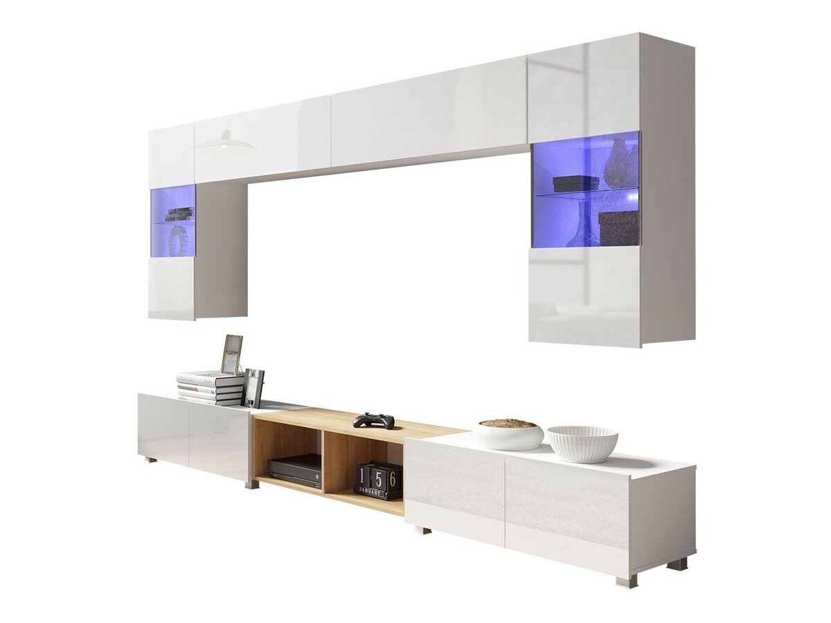 Wohnzimmer-Sets Tivdalu 144 (Weiss + Weiss glänzend + Goldene Eichenholzoptik)