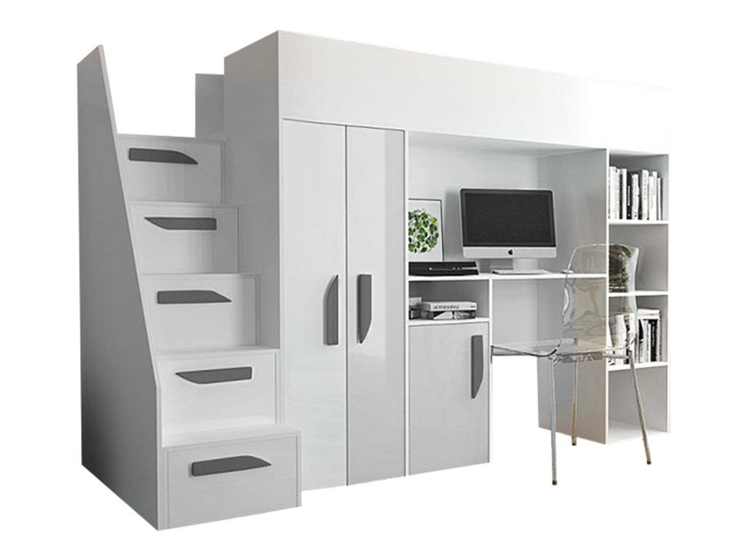 Hohes Bett Hartford 192 (Weiss + Weiss glänzend + Grau glänzend)