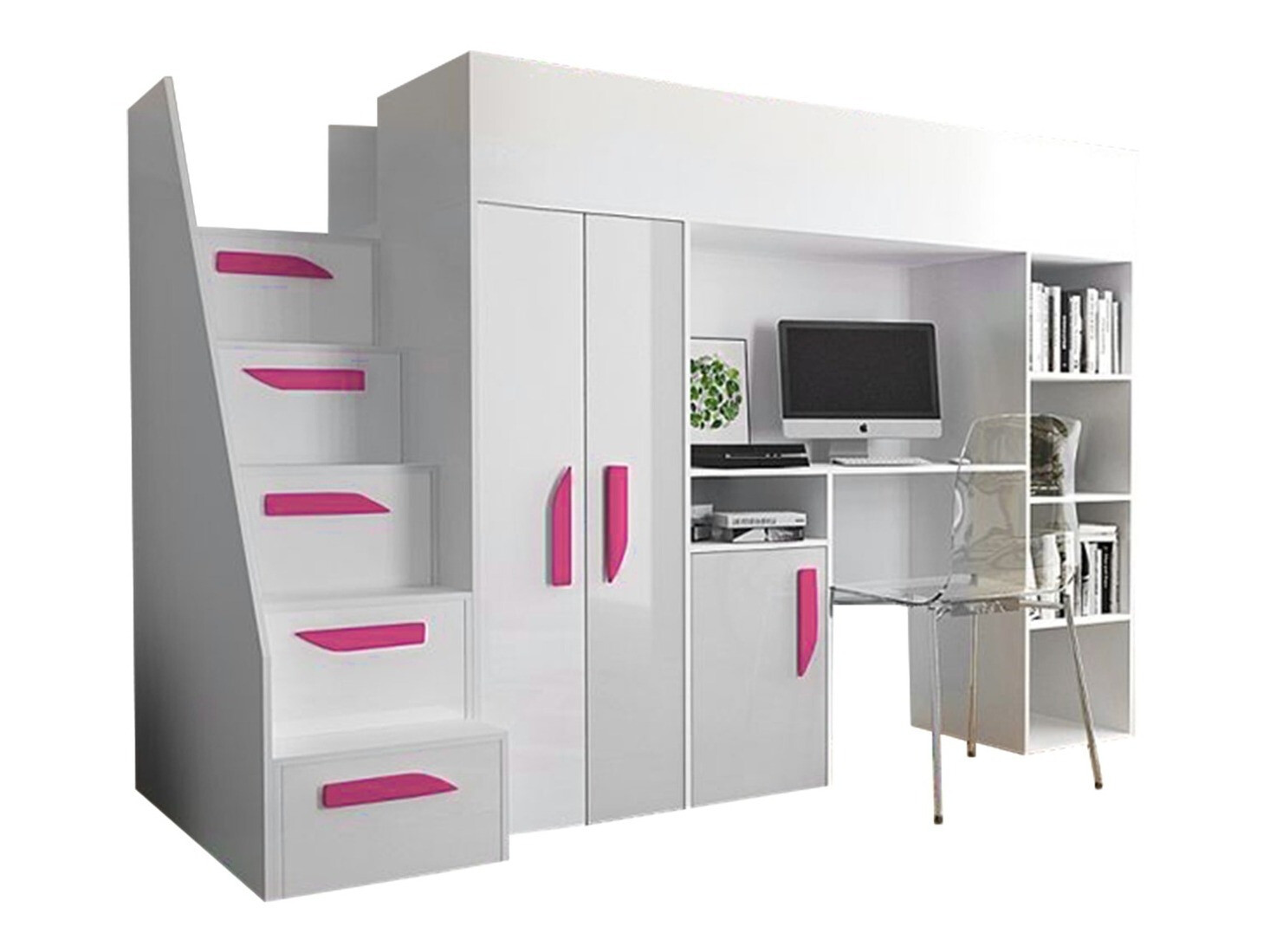 Hohes Bett Hartford 192 (Weiss + Weiss glänzend + Rosa glänzend)