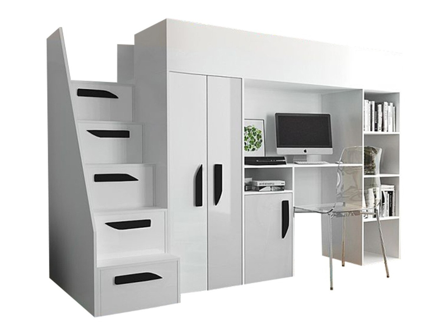 Hohes Bett Hartford 192 (Weiss + Weiss glänzend + Schwarz glänzend)