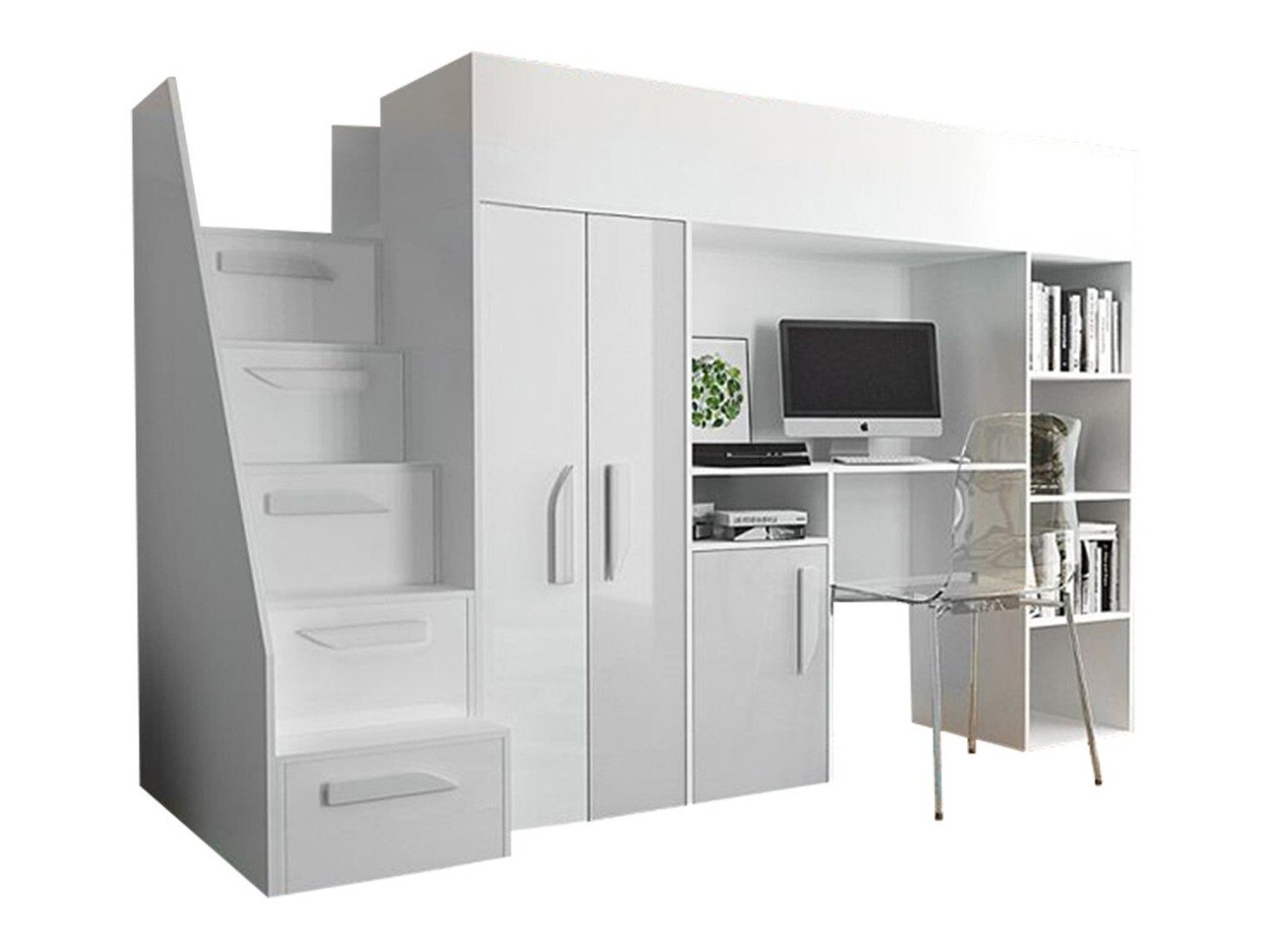 Hohes Bett Hartford 192 (Weiss + Weiss glänzend)