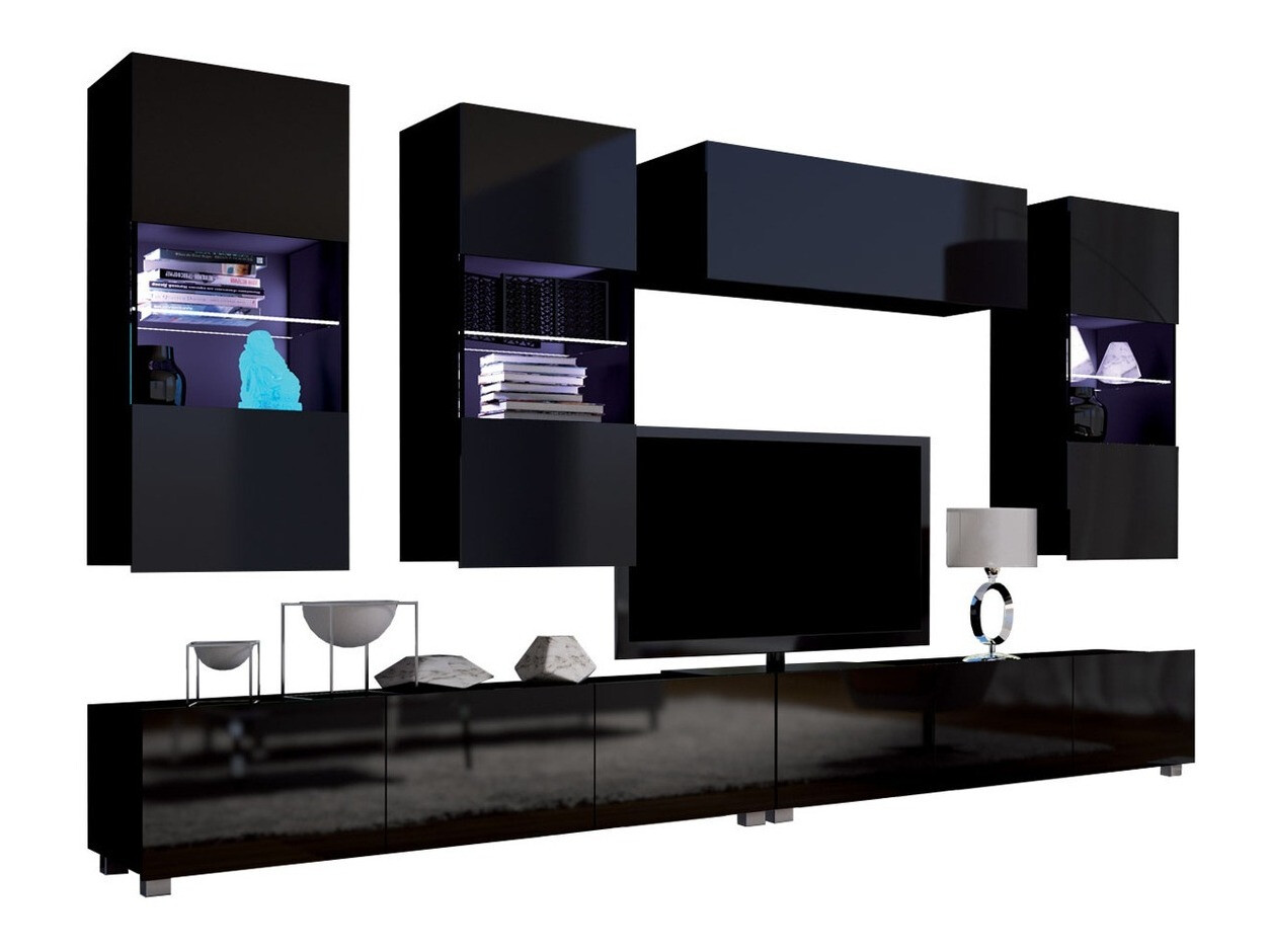Wohnzimmer-Set Remus V (Schwarz + Schwarz glänzend)