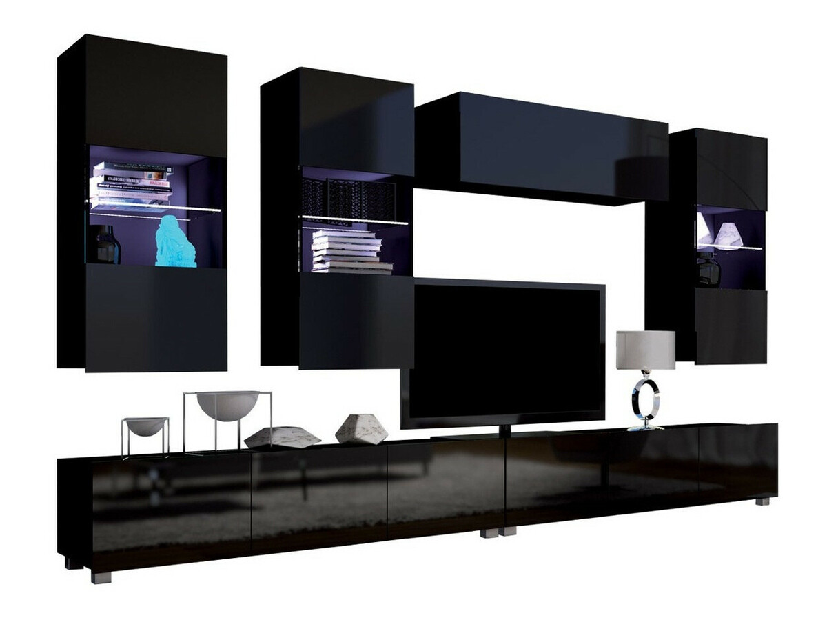 Wohnzimmer-Set Remus V (Schwarz + Schwarz glänzend)