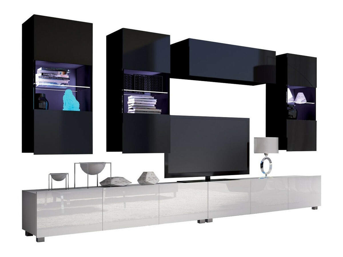 Wohnzimmer-Set Remus V (Weiss + Weiss glänzend + Schwarz + Schwarz glänzend)