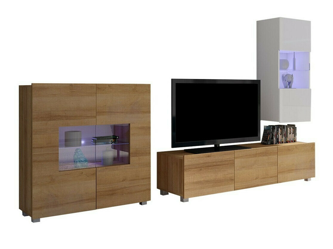 Wohnzimmer-Set Remus VII (Goldeiche + Weiss + Weiss glänzend)