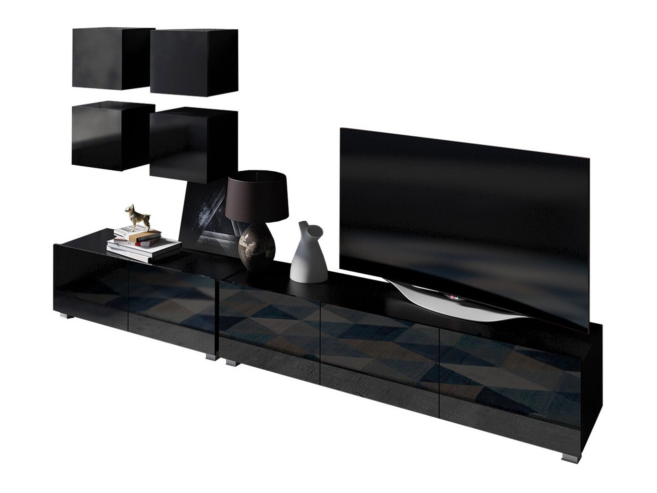 Wohnzimmer-Set Remus XVIII (Schwarz + Schwarz glänzend)