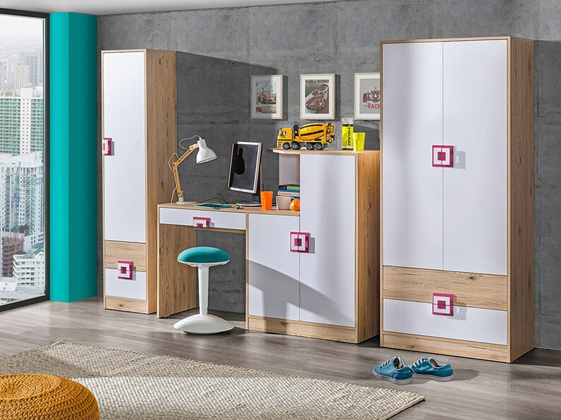 Bürotisch Balvire 111 (Eiche hell + Weiss + Rosa)