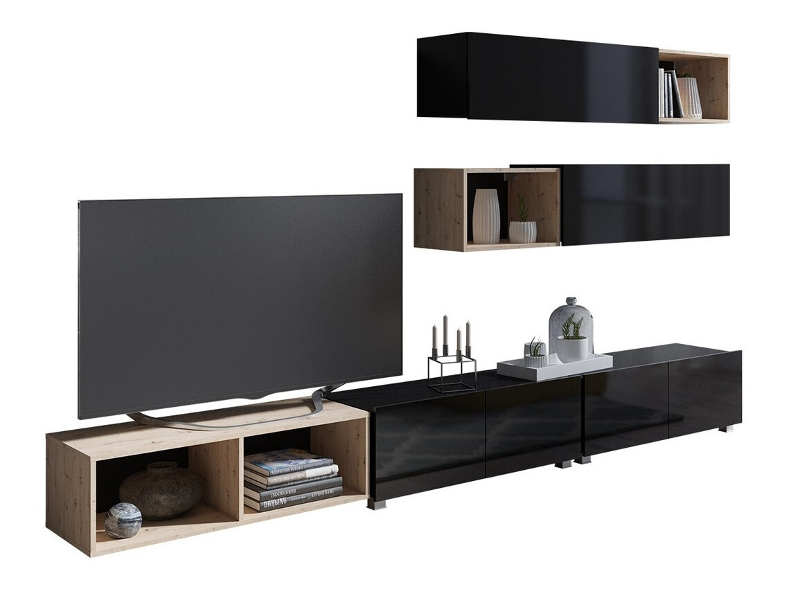 Wohnzimmer-Set Remus XXV (Schwarz + Schwarz glänzend + Artisan-Eiche)