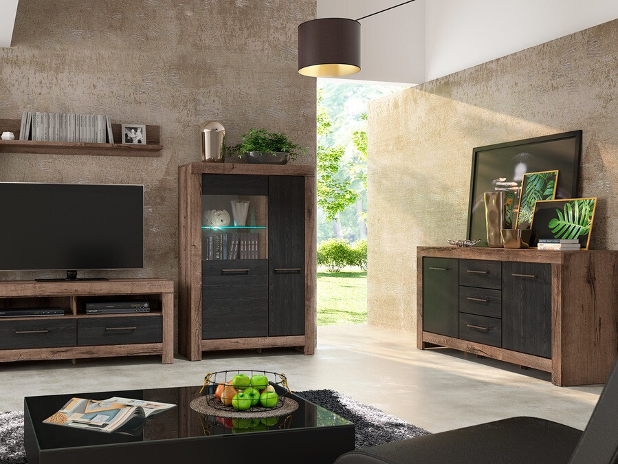 Kommode Dunfelu 100 (Monastery Eichenholzoptik + Eichenholzoptik schwarz)