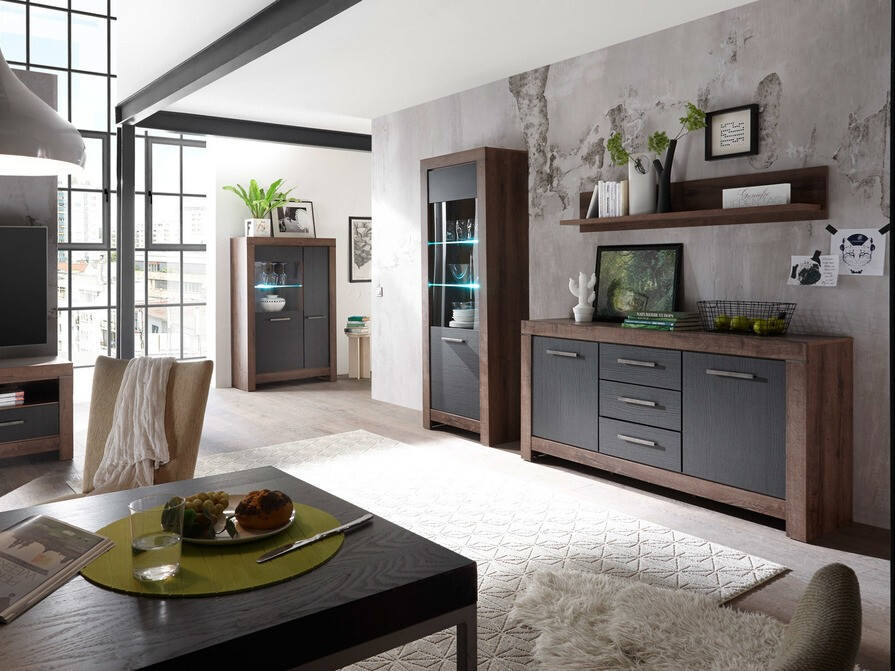 Kommode Dunfelu 100 (Monastery Eichenholzoptik + Eichenholzoptik schwarz)