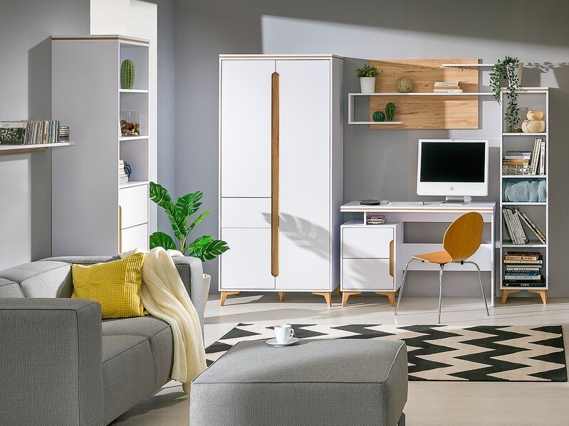 Kleiderschrank Ogden H100 (Weiss + Helles Holz)