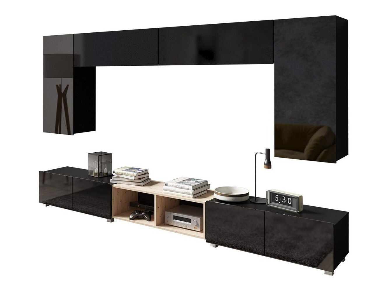 Wohnzimmer-Set Remus XXIII (Schwarz + Schwarz glänzend + Artisan-Eiche)