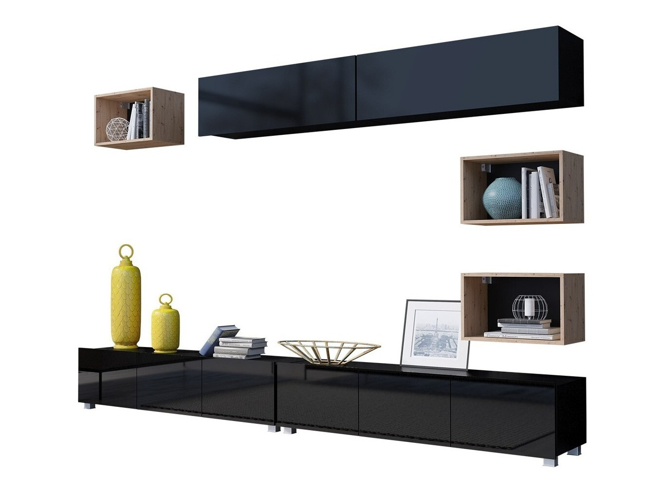 Wohnzimmer-Sets Remus XXXI (Schwarz + Schwarz glänzend + Artisan Eichenholzoptik)