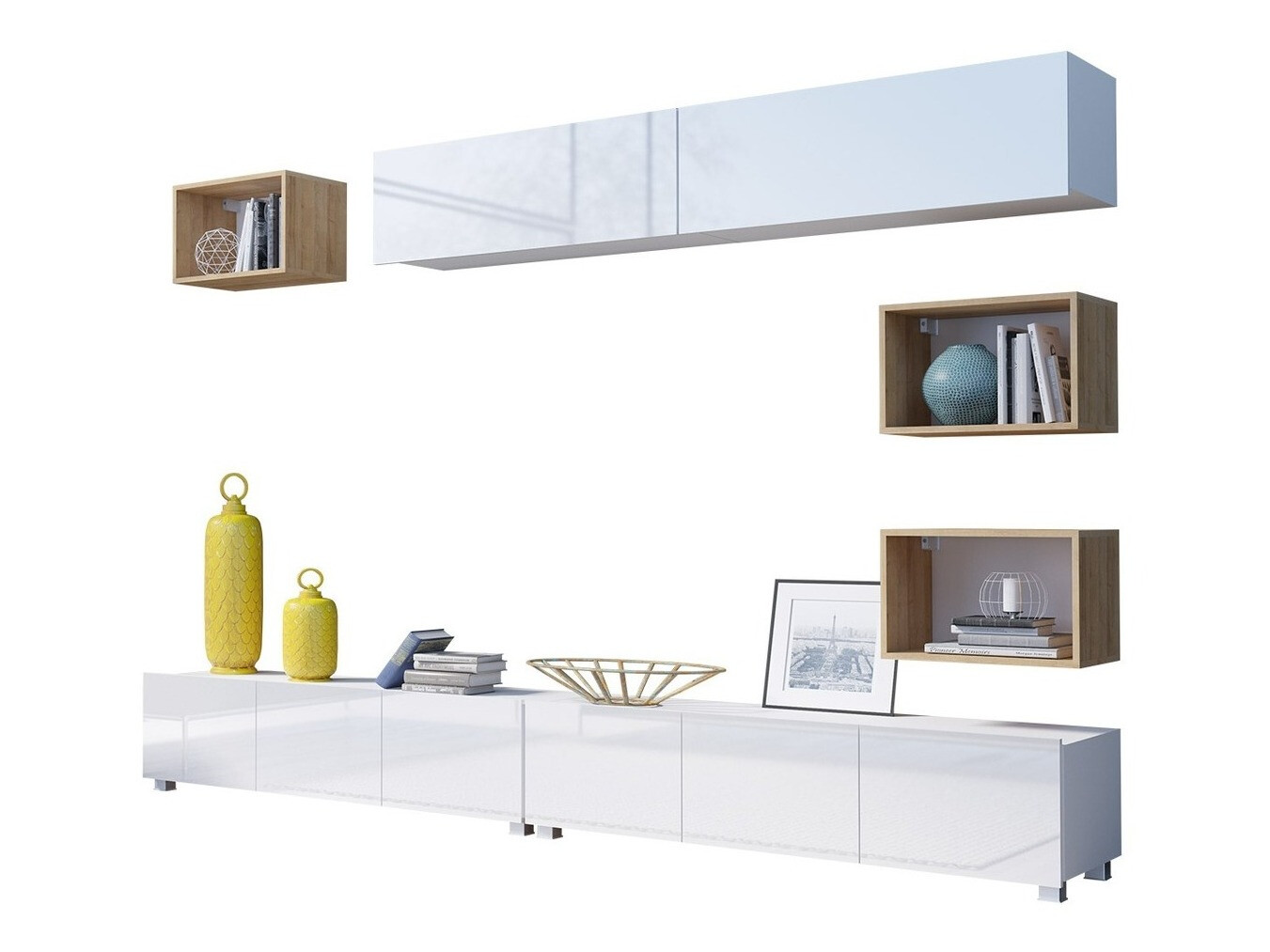 Wohnzimmer-Sets Remus XXXI (Weiss + Weiss glänzend + Goldene Eichenholzoptik)