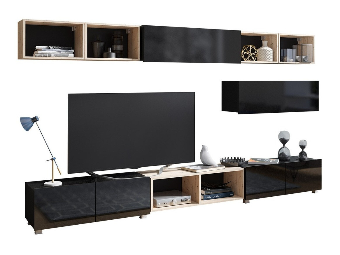Wohnzimmer-Sets Tivdalu 146 (Schwarz + Schwarz glänzend + Artisan Eichenholzoptik)