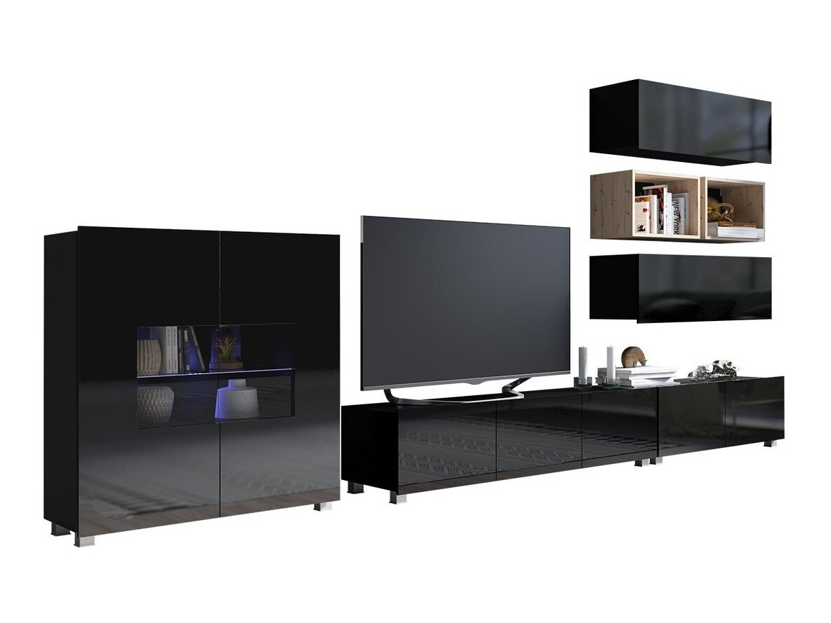 Wohnzimmer-Sets Tivdalu 148 (Schwarz + Schwarz glänzend + Artisan Eichenholzoptik)