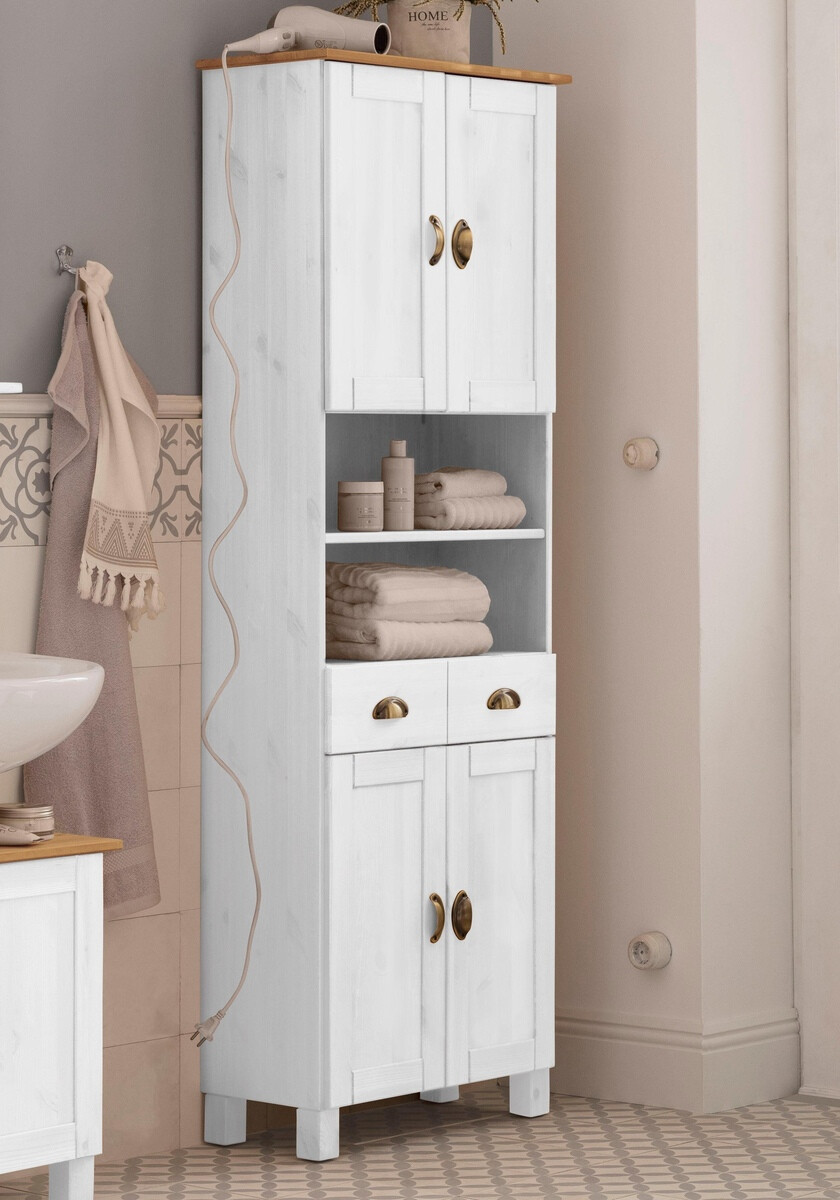 Stehender Badezimmerschrank Serelbu 106 (Weiss + Hellbraun)