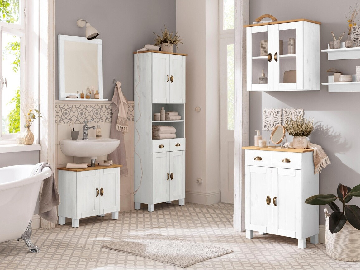 Stehender Badezimmerschrank Serelbu 106 (Weiss + Hellbraun)