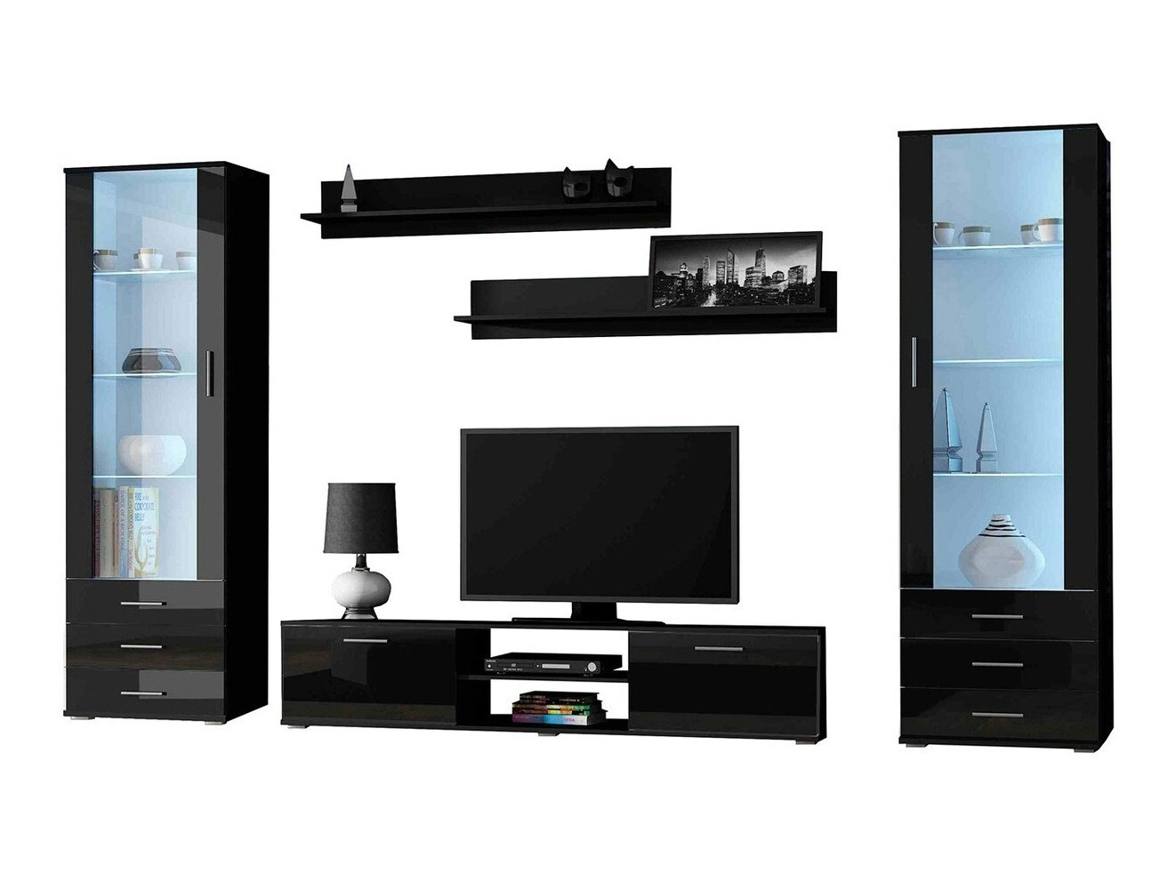 Wohnzimmer-Set Tornola 109 (Schwarz + Schwarz glänzend)