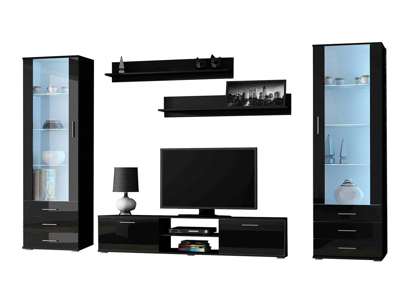 Wohnzimmer-Set Tornola 109 (Schwarz + Schwarz glänzend)