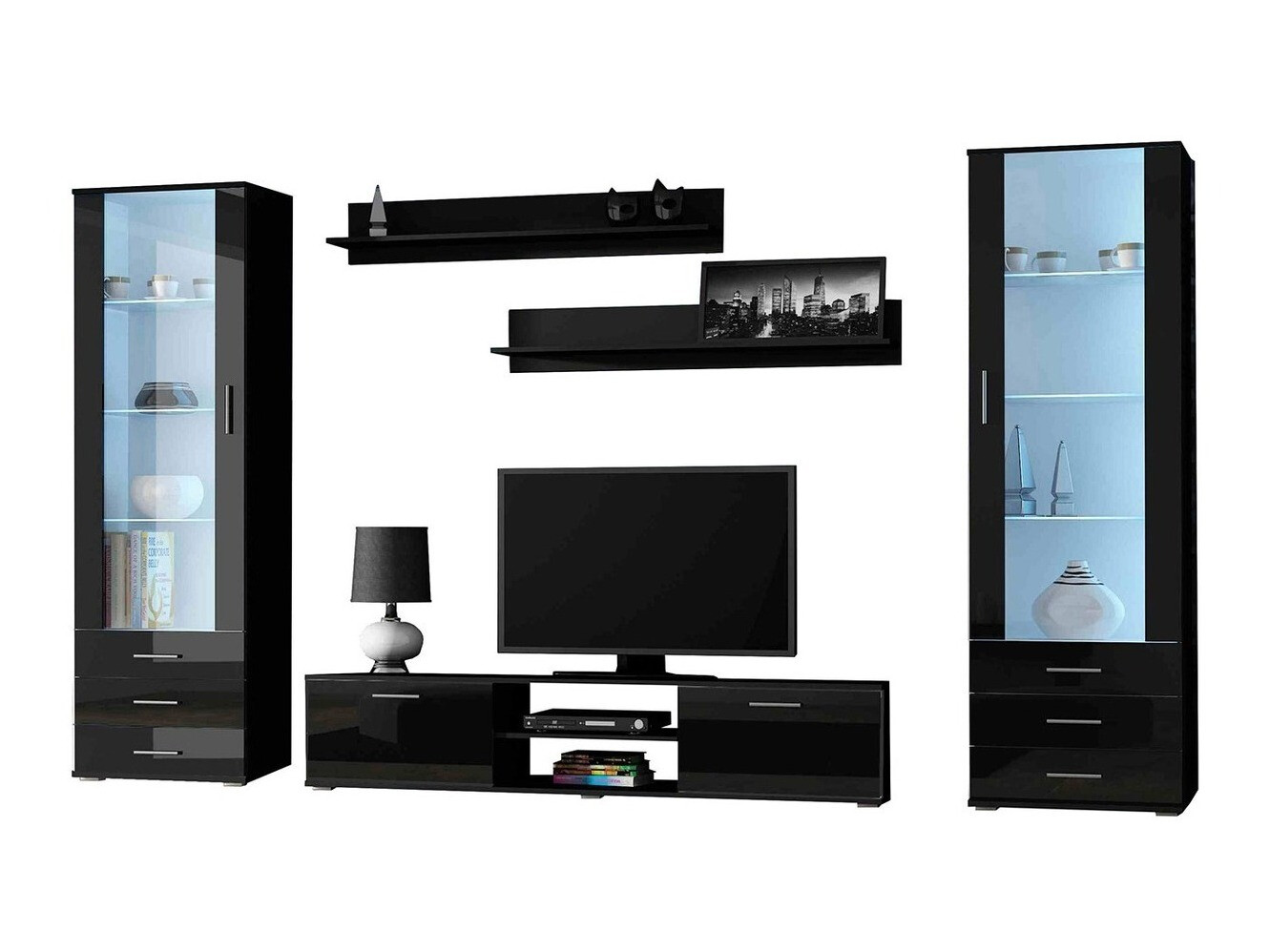 Wohnzimmer-Set Tornola 109 (Schwarz + Schwarz glänzend)