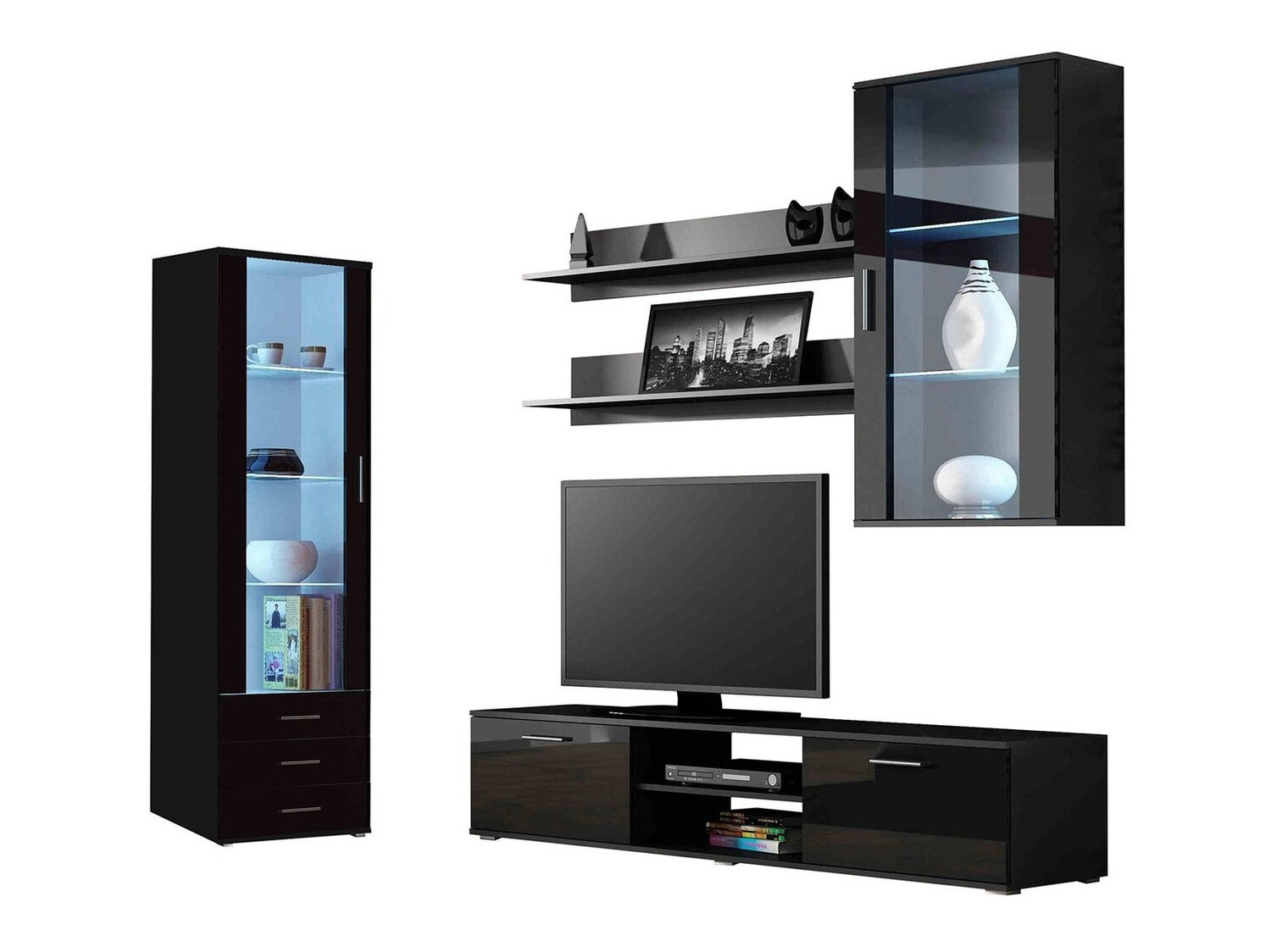 Wohnzimmer-Set Tornola 114 (Schwarz + Schwarz glänzend)