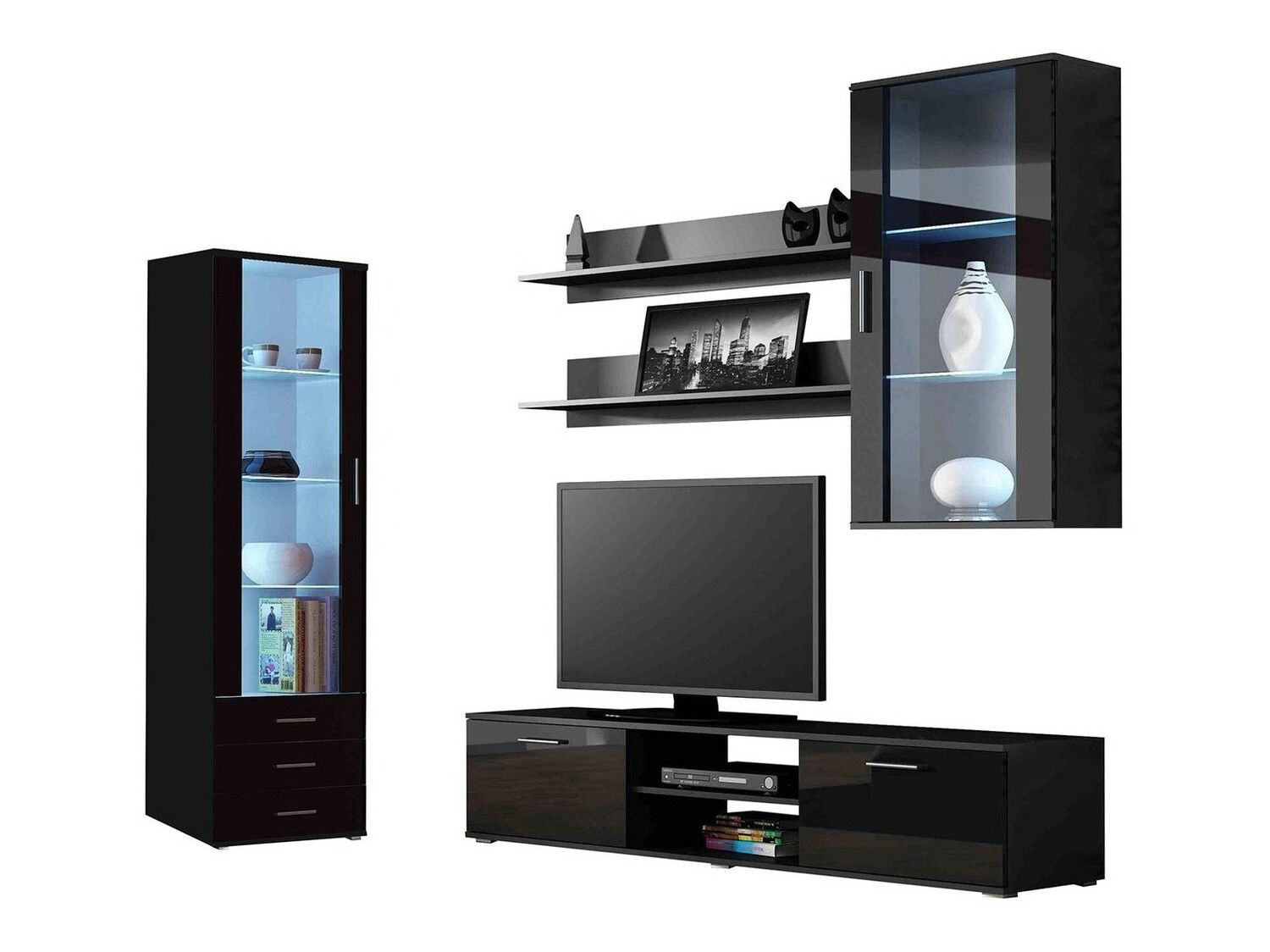 Wohnzimmer-Set Tornola 114 (Schwarz + Schwarz glänzend)