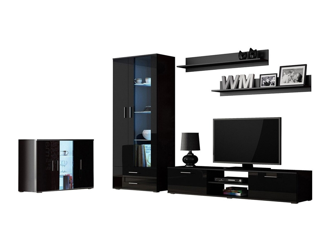 Wohnzimmer-Set Tornola 116 (Schwarz + Schwarz glänzend)