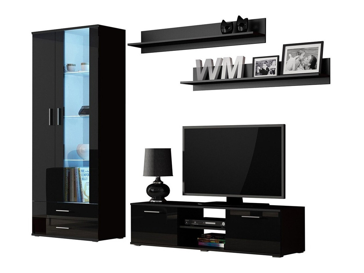 Wohnzimmer-Set Tornola 117 (Schwarz + Schwarz glänzend)
