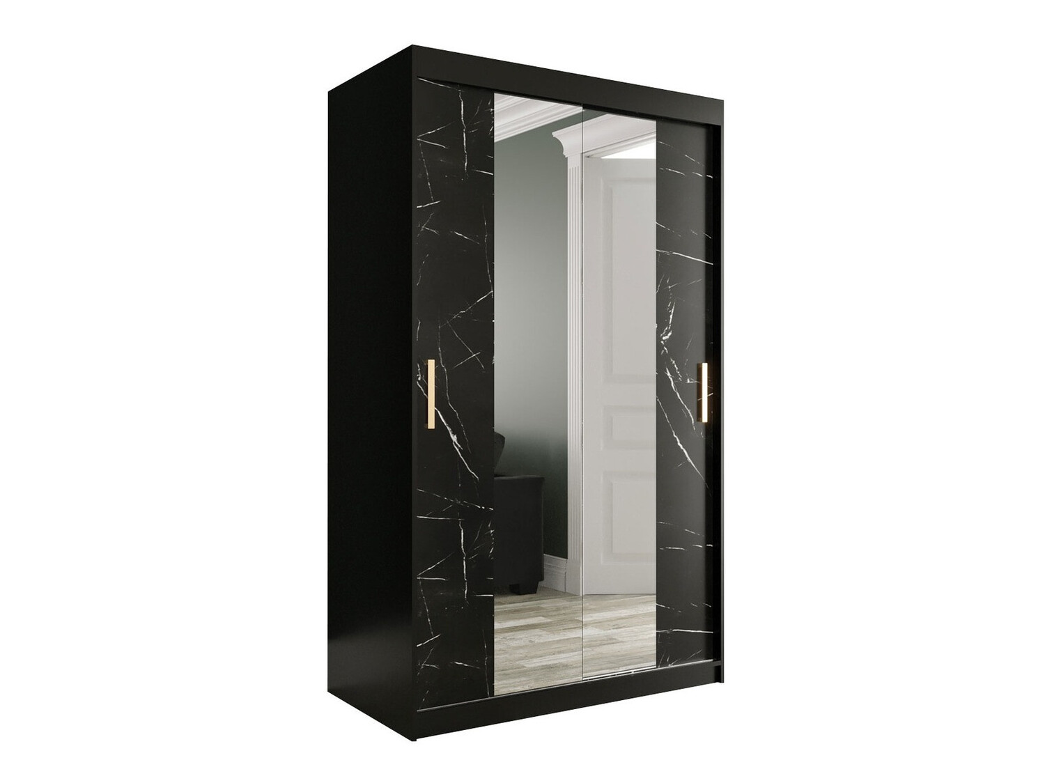 Kleiderschrank Hartford 253 (Mattschwarz + Schwarzer Marmor)