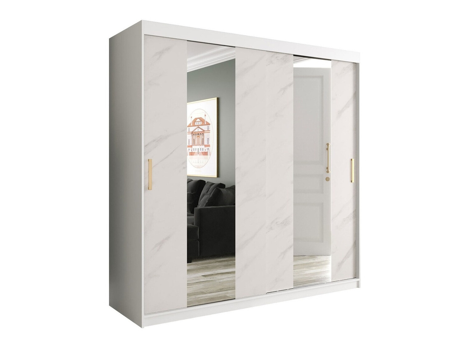 Kleiderschrank Hartford 244 (Matt weiss + Weisser Marmor)