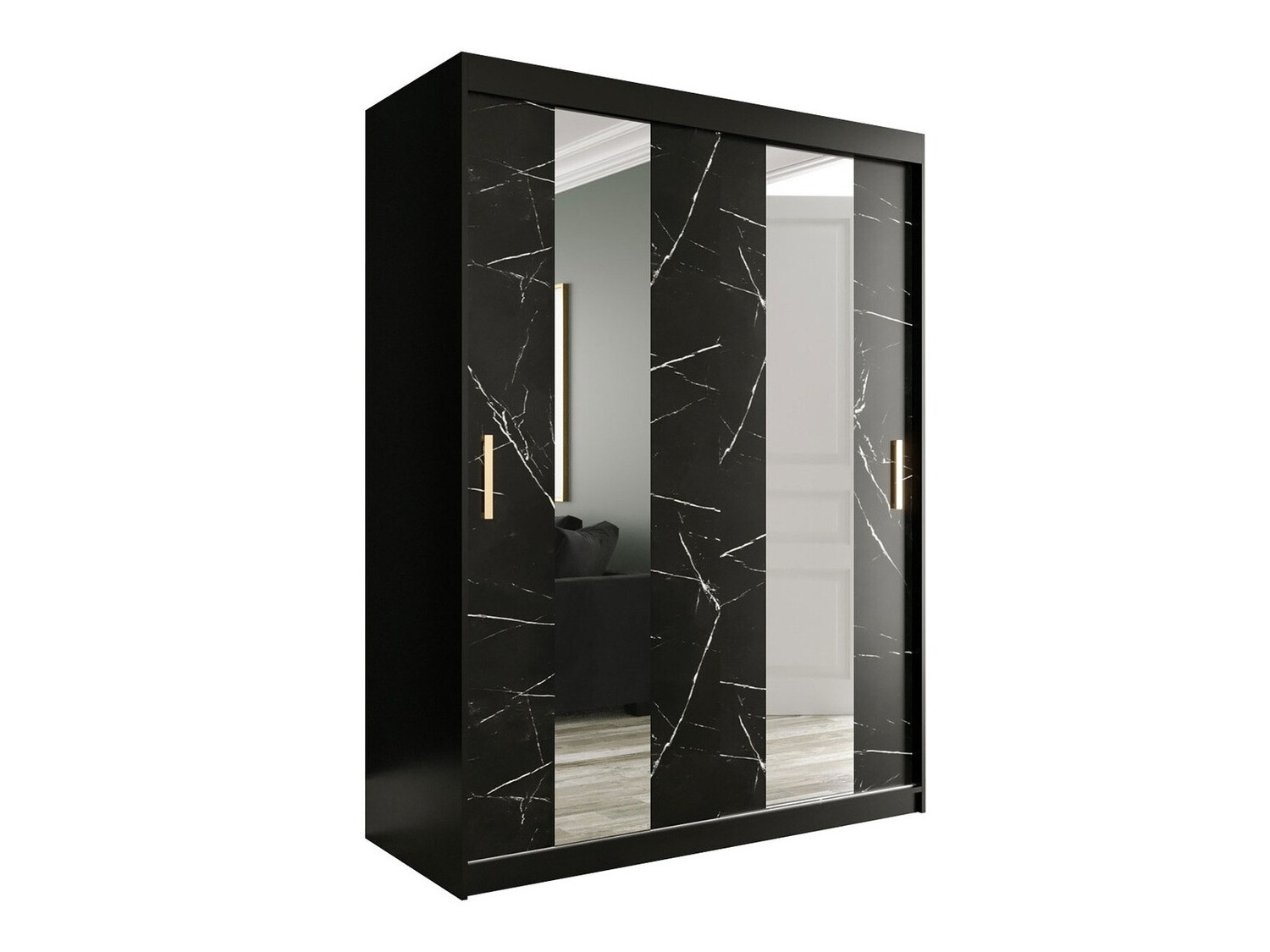 Kleiderschrank Hartford 242 (Mattschwarz + Schwarzer Marmor)