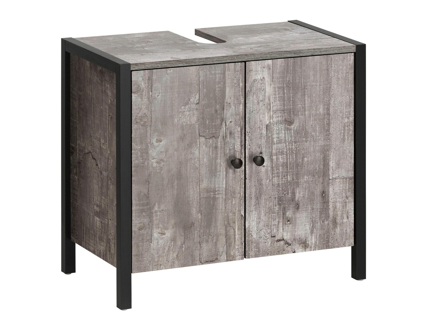 Stehender Badezimmerschrank für ein Waschbecken Larnovo 113 (Eichenholzoptik Grau + Schwarz)