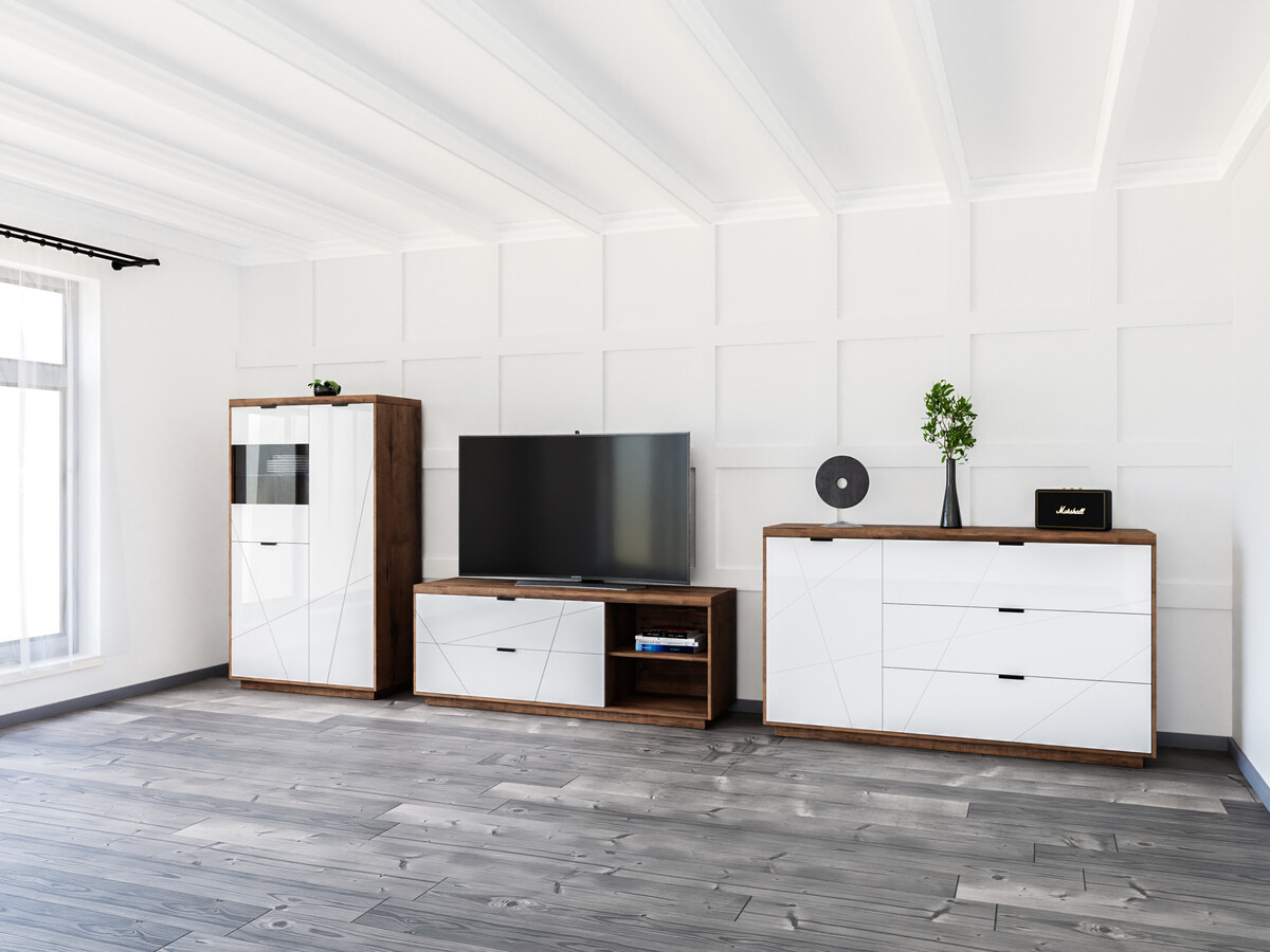 Wohnzimmer-Set Fivale 110 (Delano-Eiche dunkel + Weiss glänzend)