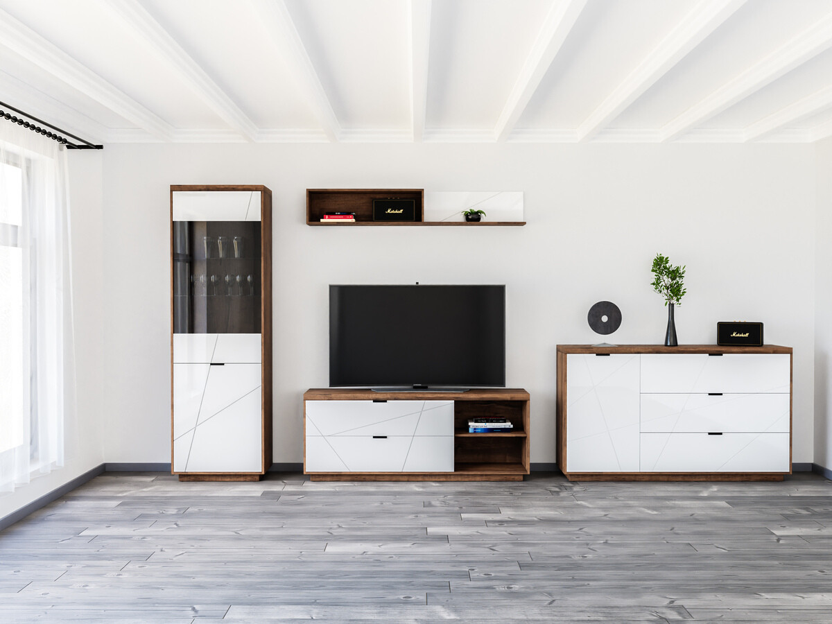 Wohnzimmer-Set Fivale 114 (Delano-Eiche dunkel + Weiss glänzend)