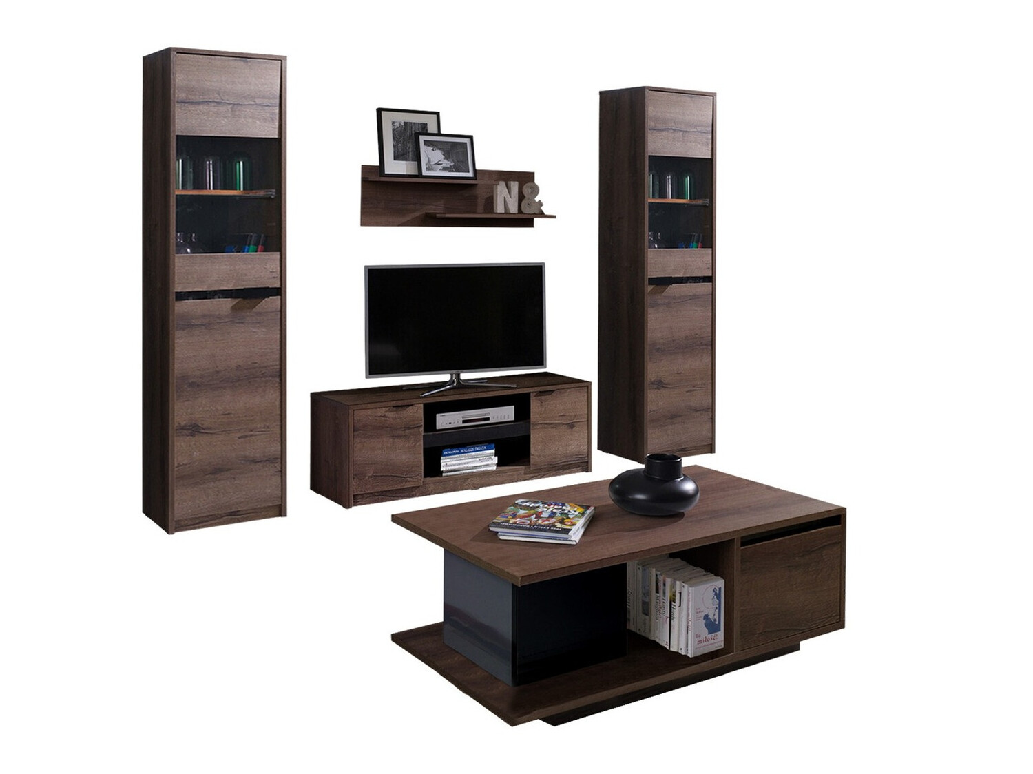 Wohnzimmer-Set Fivelbo 114 (Klostereiche + Schwarz glänzend)