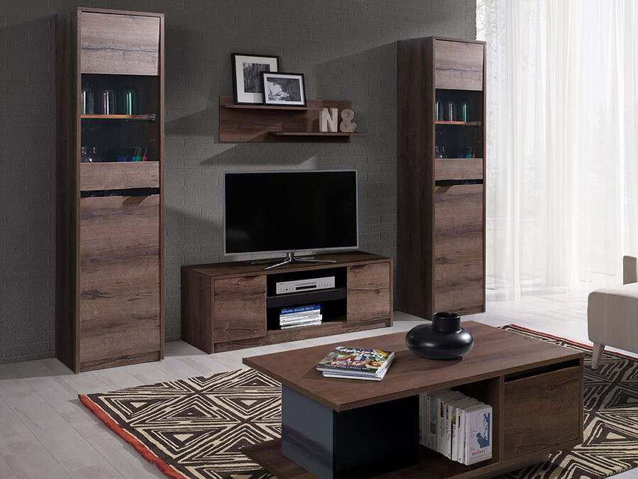 Wohnzimmer-Sets Fivelbo 114 (Monastery Eichenholzoptik + Schwarz glänzend)