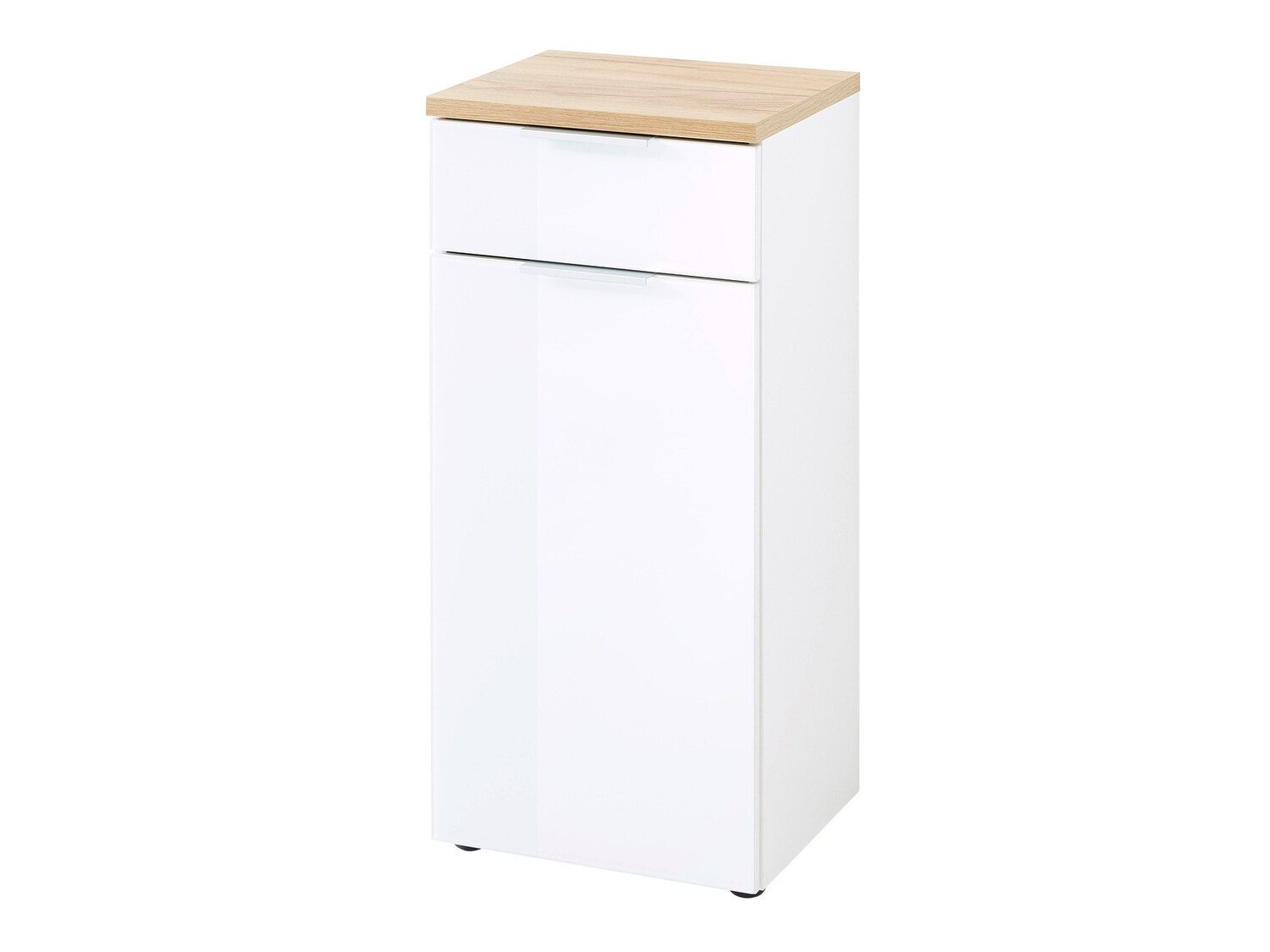 Stehender Badezimmerschrank Levciro 101 (Weiss glänzend + Navarra eichenholzoptik)