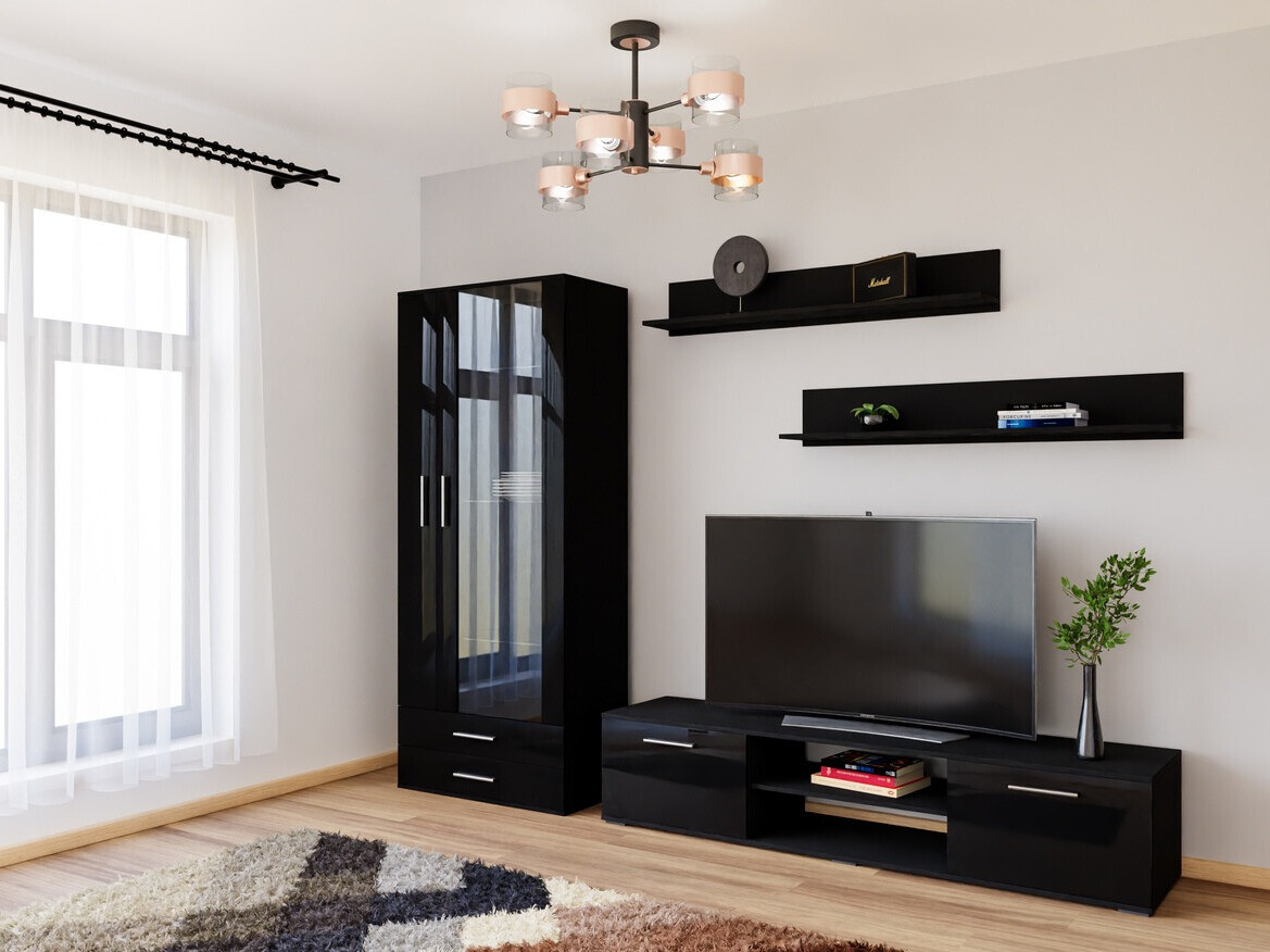 Wohnzimmer-Set Tornola 115 (Schwarz + Schwarz glänzend)