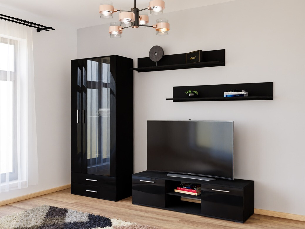 Wohnzimmer-Set Tornola 117 (Schwarz + Schwarz glänzend)