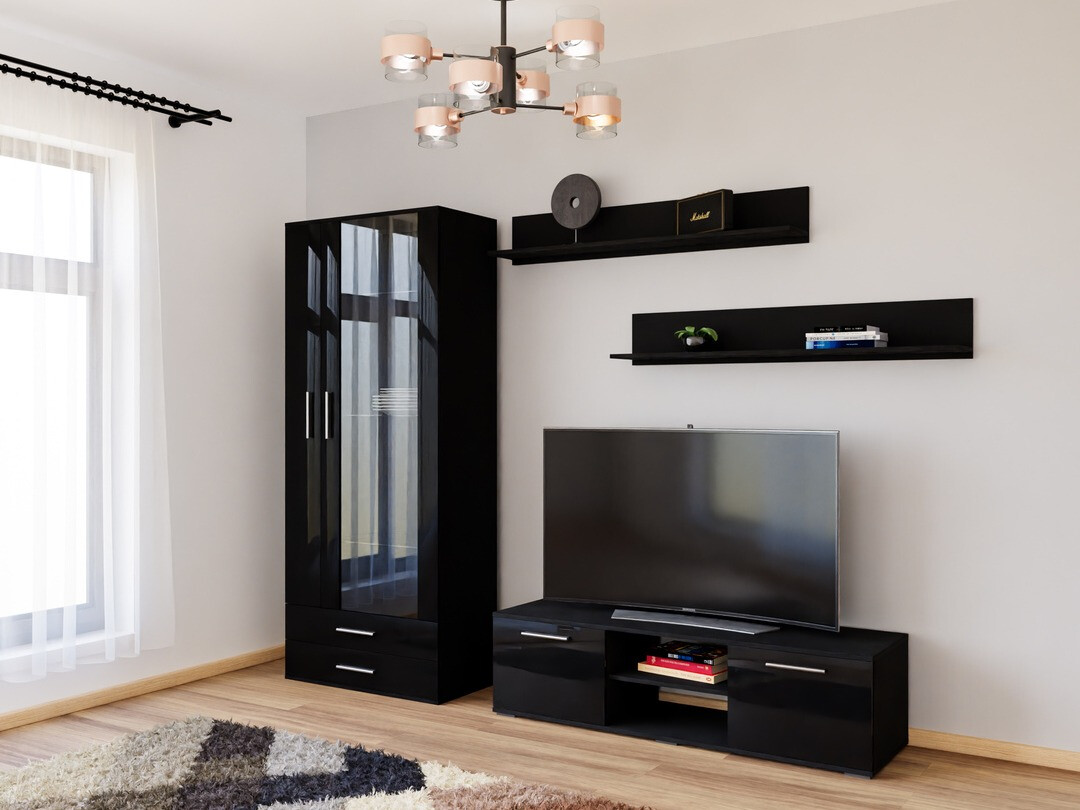 Wohnzimmer-Set Tornola 117 (Schwarz + Schwarz glänzend)
