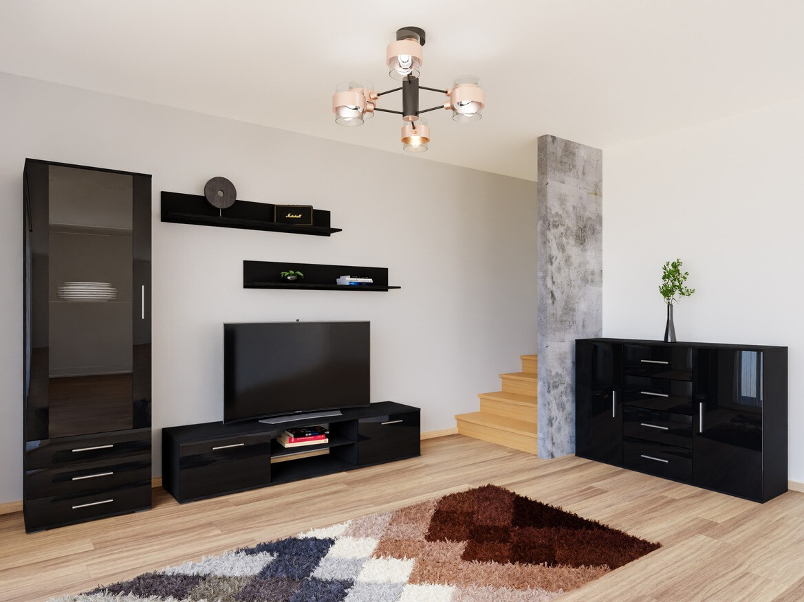 Wohnzimmer-Sets Tornola 108 (Schwarz + Schwarz glänzend)