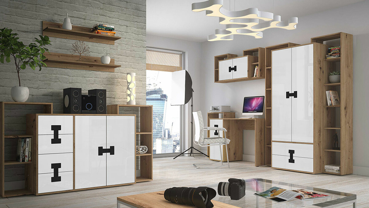 Kleiderschrank Florevi 113 (Weiss glänzend + Artisan-Eiche)